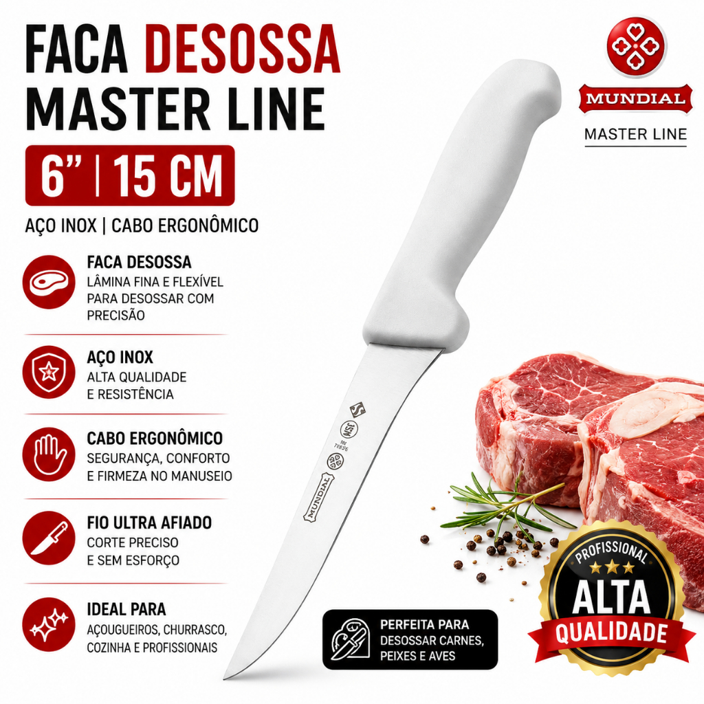 Faca Desossa Desossar 6 Master Line 15 cm 7815/6 Açougueiro Casa Churrasco Cozinha - Mundial