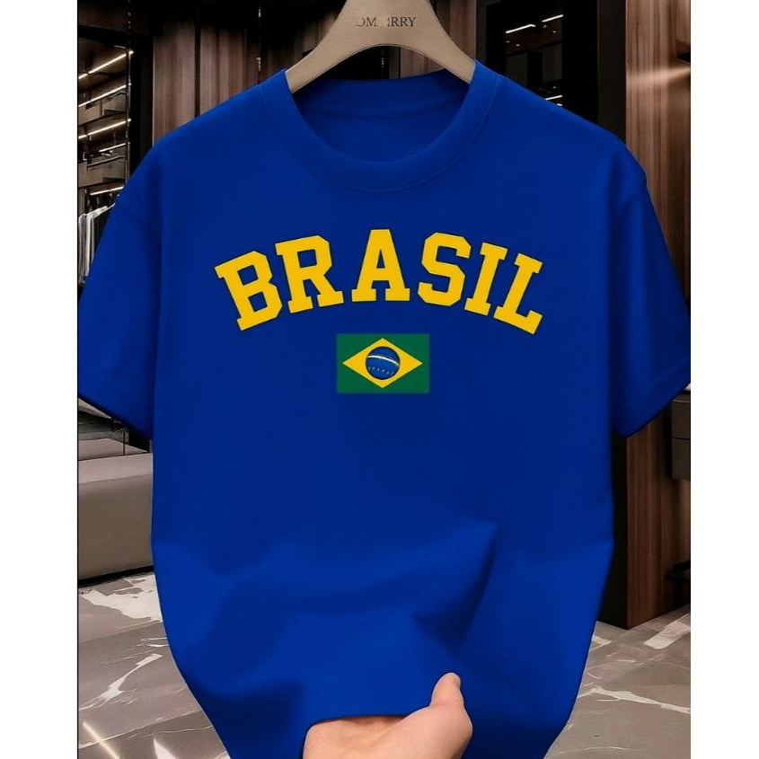 Camisa do Brasil Camiseta casual masculina com logotipo da bandeira do Brasil 100%algodão, gola redonda