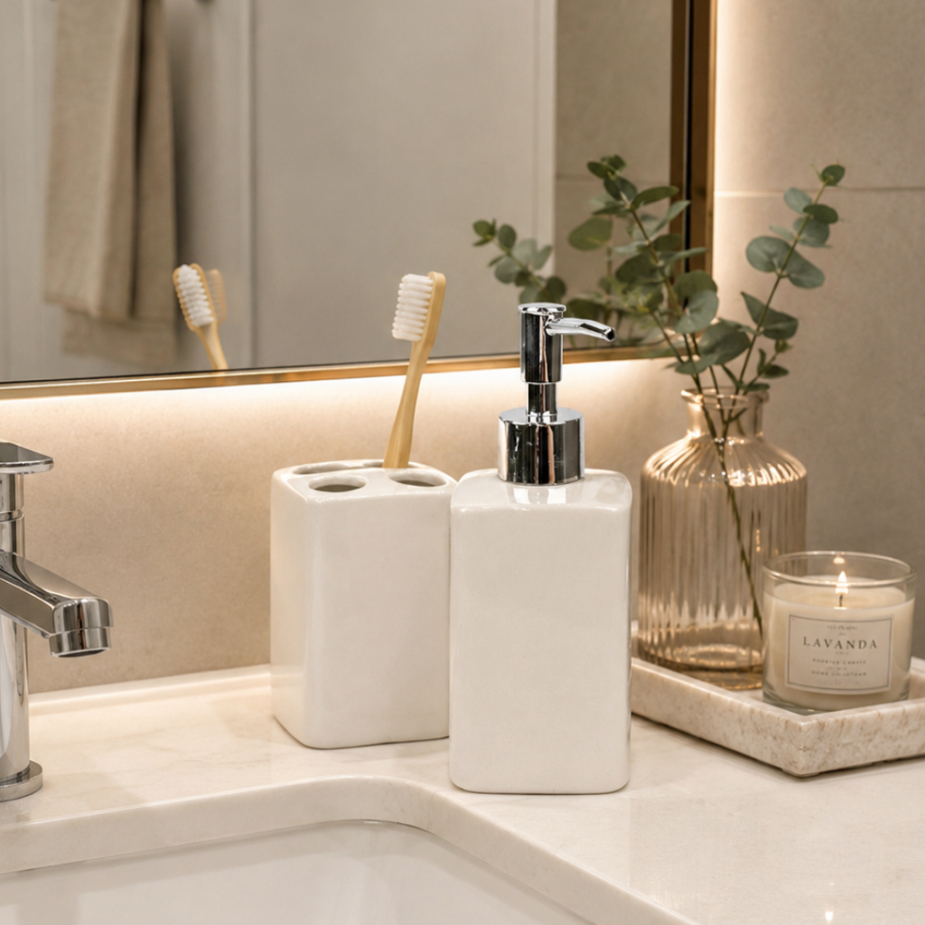 Kit Acessórios De Banheiro Lavabo 2 Peças Cerâmica Porta Escova e Porta Sabonete Líquido MIMI