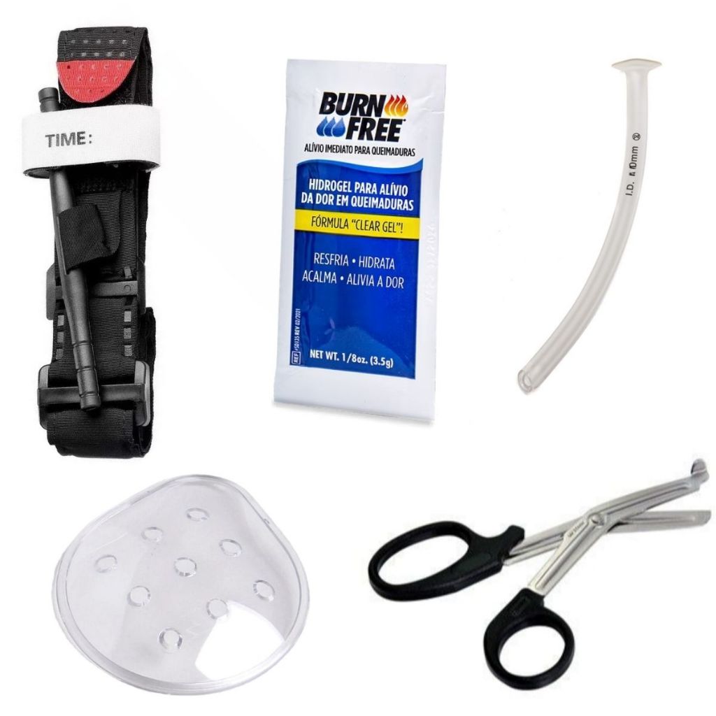 Escolha entre: torniquete, oclusor, canula 6 ou 7, gel para queimadura, tesoura ponta romba inox