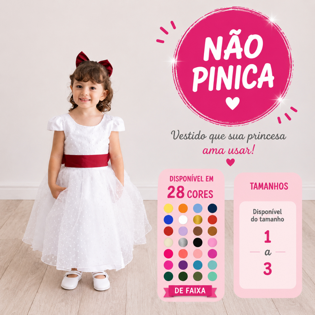 Vestido Longo Branco Pipoquinha Infantil 1 2 3 Festa Faixa 25 cores Dama de honra Florista REF4140