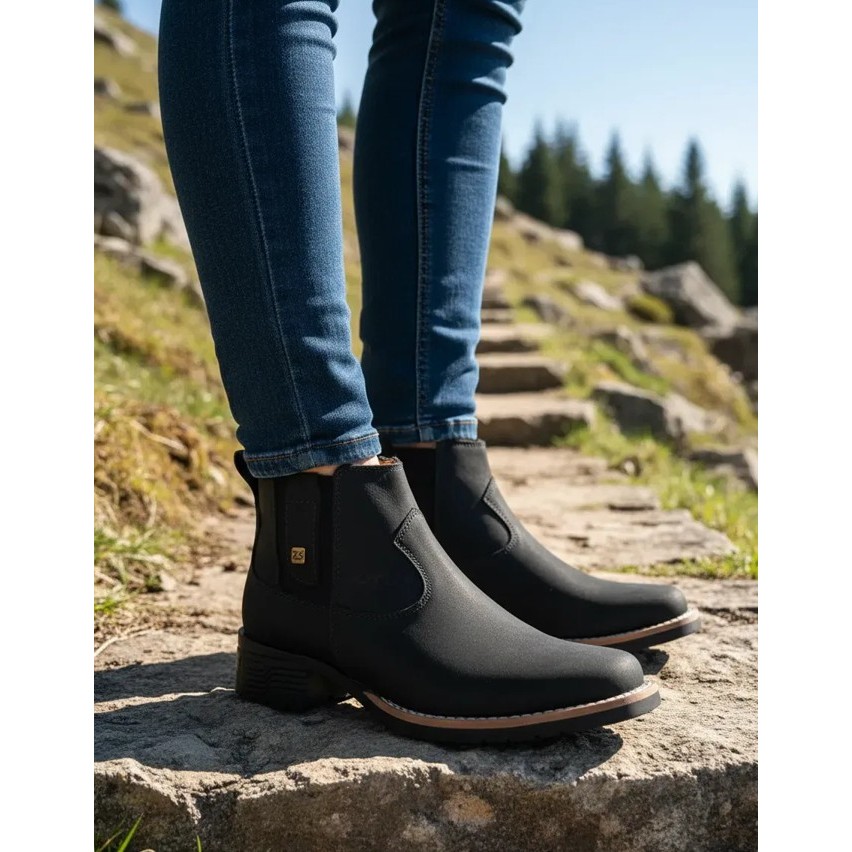 Botina Feminina Zebu Nobuck Preto Bota Country Com Bico Quadrado E Couro Legítimo De Qualidade