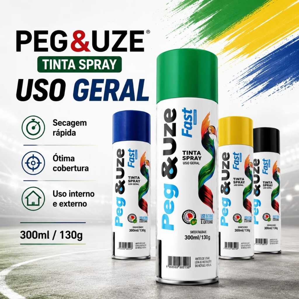 Tinta Spray Peg&Uze 300ml Uso Geral Alta Cobertura e Secagem Rápida para Metal Madeira e Plástico – Todas as Cores