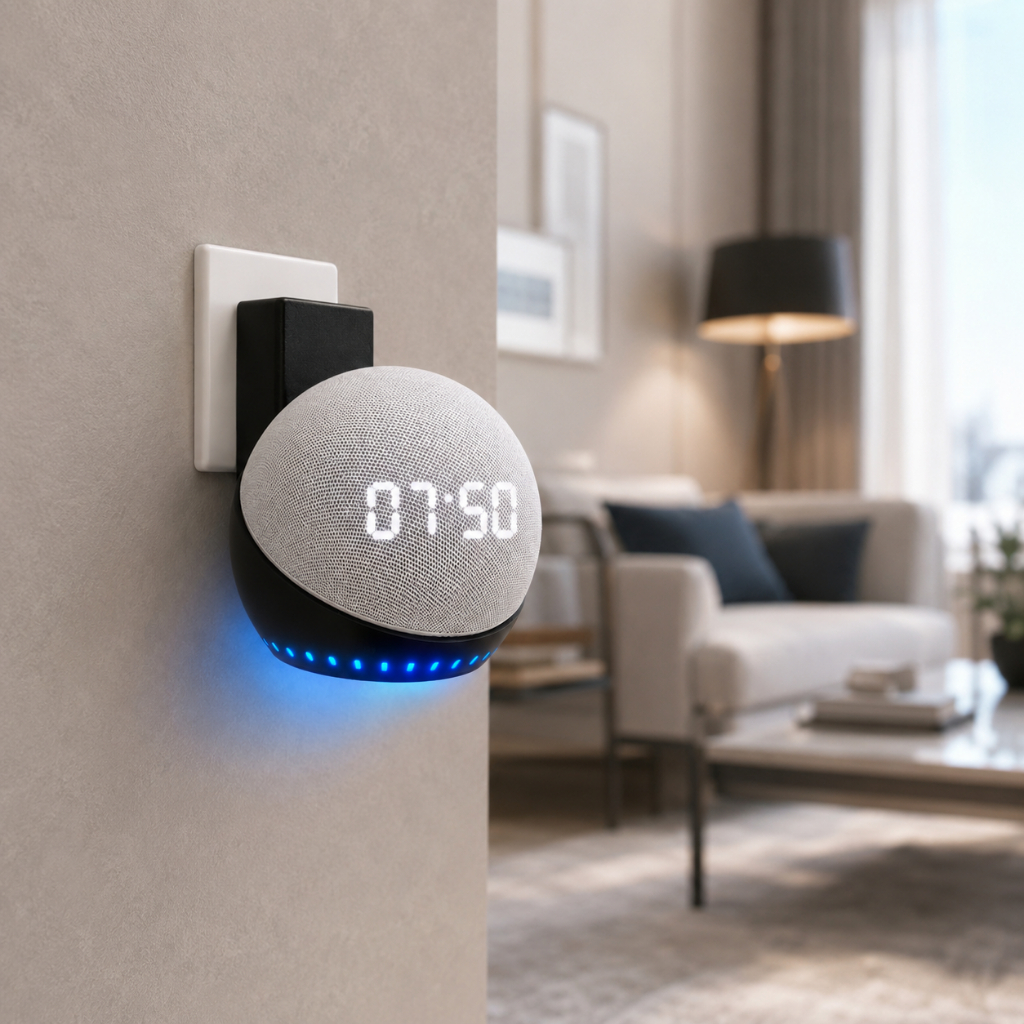 Suporte Parede Alexa Echo Dot 4/5 Geração Sem Furos | Organização de Cabos e Melhor Posicionamento