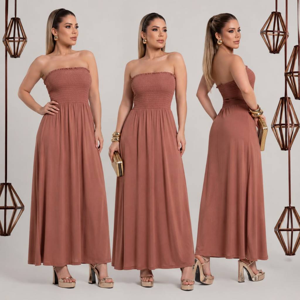 Vestido Longo Liso Tomara Que  Caia  Lastex Elegante Festa Trabalho Moda Tendência