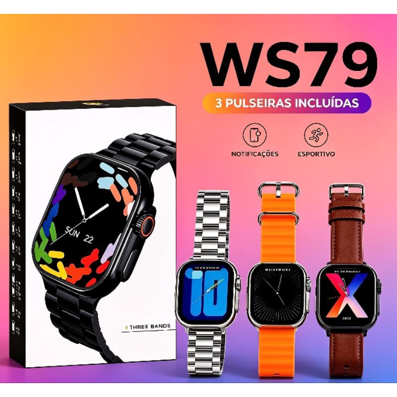 Smartwatch WS-79 Ultra 2 Wisme Kit 3 Pulseiras Silicone Metal Couro  Chamada Bluetooth Notificações Saúde Unissex