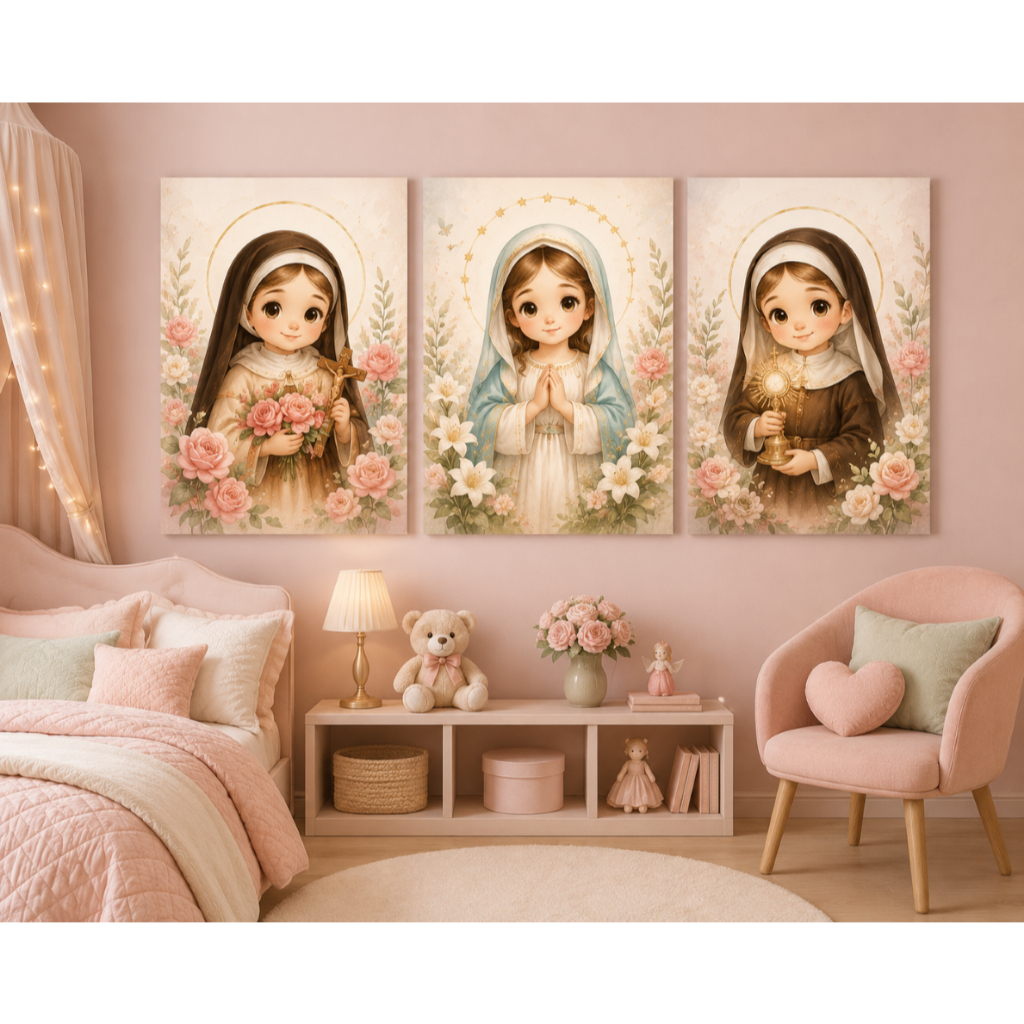 Kit Quadros Decorativos 3 Peças Religioso Infantil Santa Terezinha Maria Santa Clara Fé Católico Art