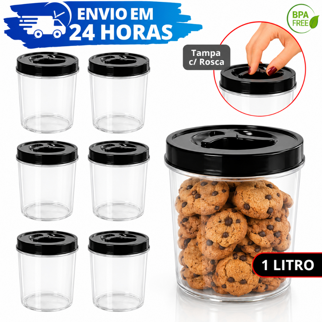 Kit Pote Mantimentos 1 Litro REFORÇADO Tampa Rosca Hermética Organizador Alimentos Cozinha Kits