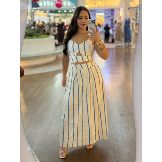 Conjunto Feminina Elegante Listrado Saia Mid