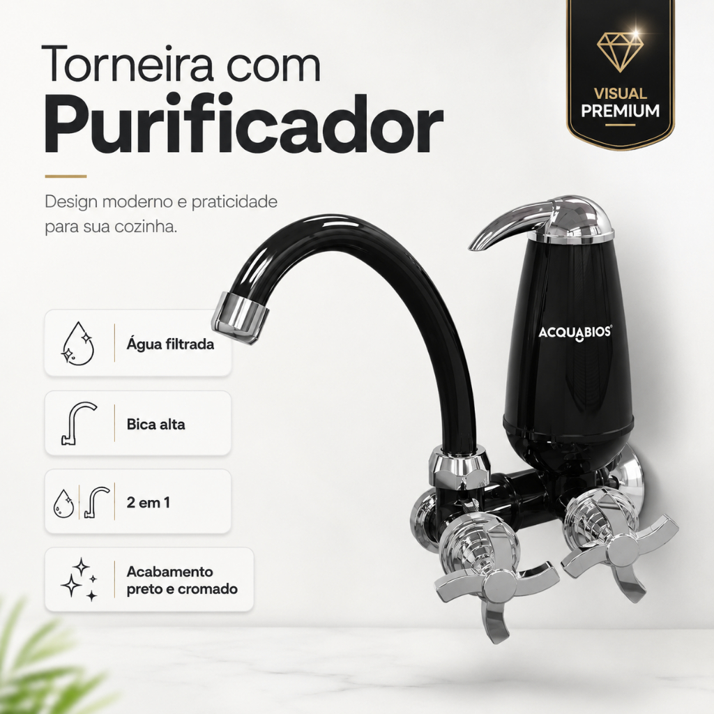 Torneira Pia Cozinha Com Filtro de Parede Preto Cromado E05 Acquabios