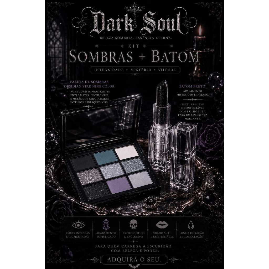 Kit de maquiagem gótica dark batom preto metalizado paleta de sombras rock alternativo