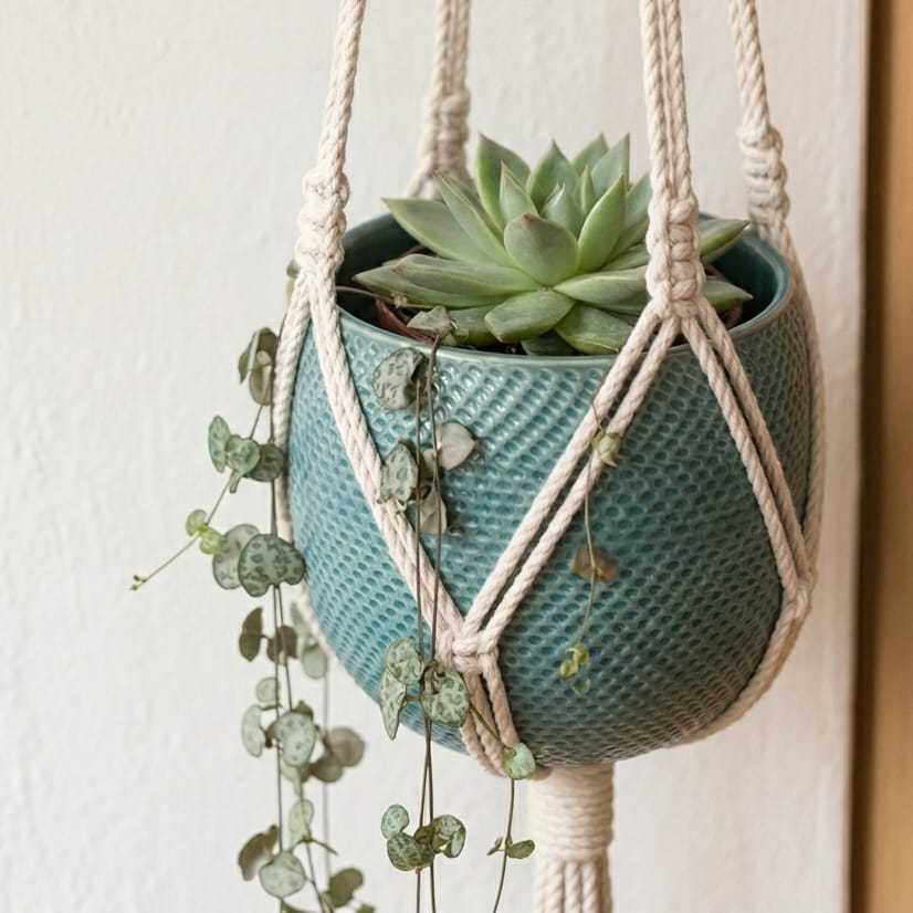 Suporte de Planta em Macramê Artesanal – Decoração Suspensa para Vasos