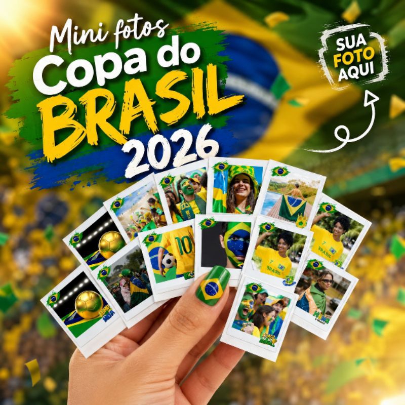 Mini Fotos Polaroid Brasil Copa 2026 | Kit 12 Fotos Personalizadas | Papel Fotográfico 180g | Envio 24h