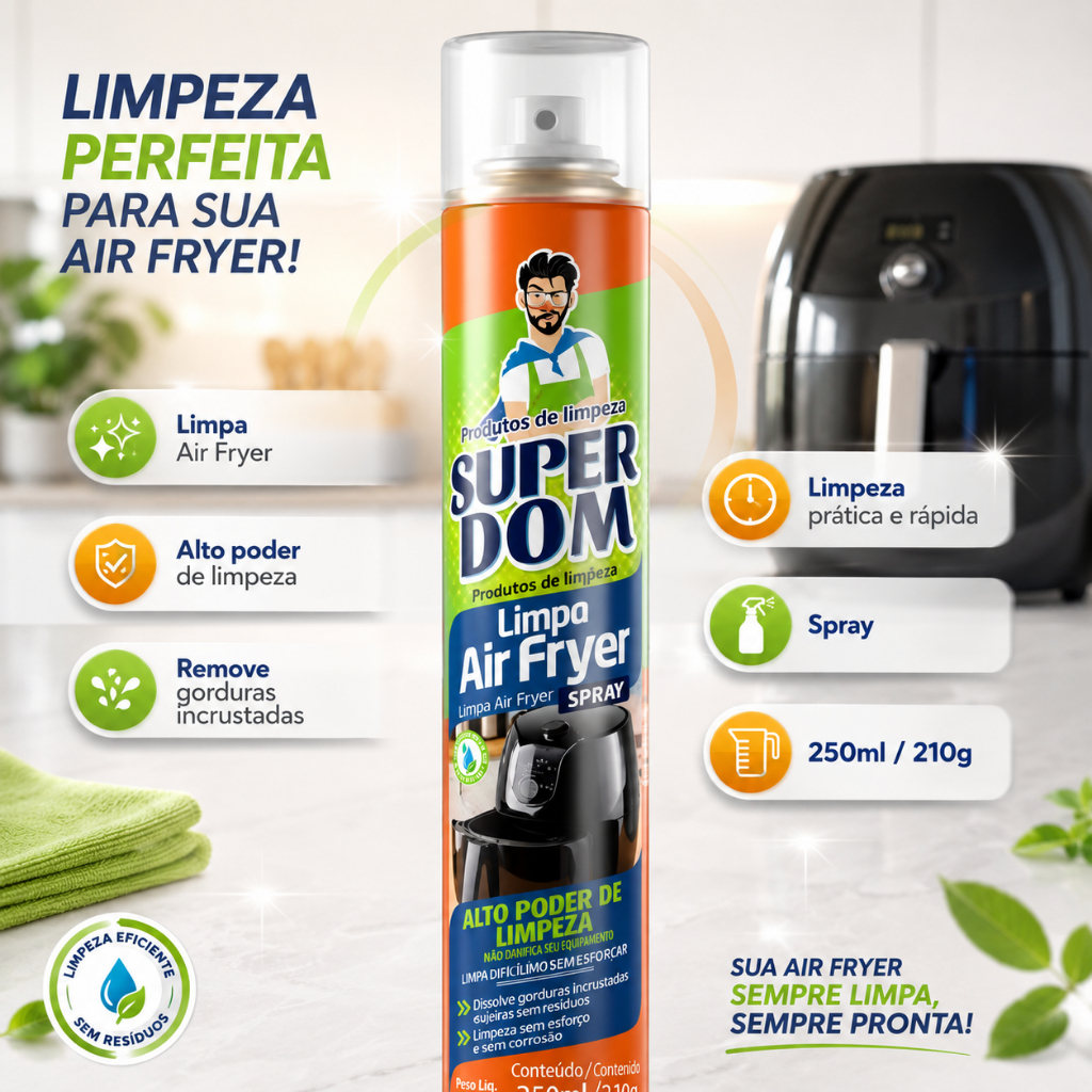 Limpa Air Fryer Brilho Desengordurante 250ml Baston Spray Super Dom