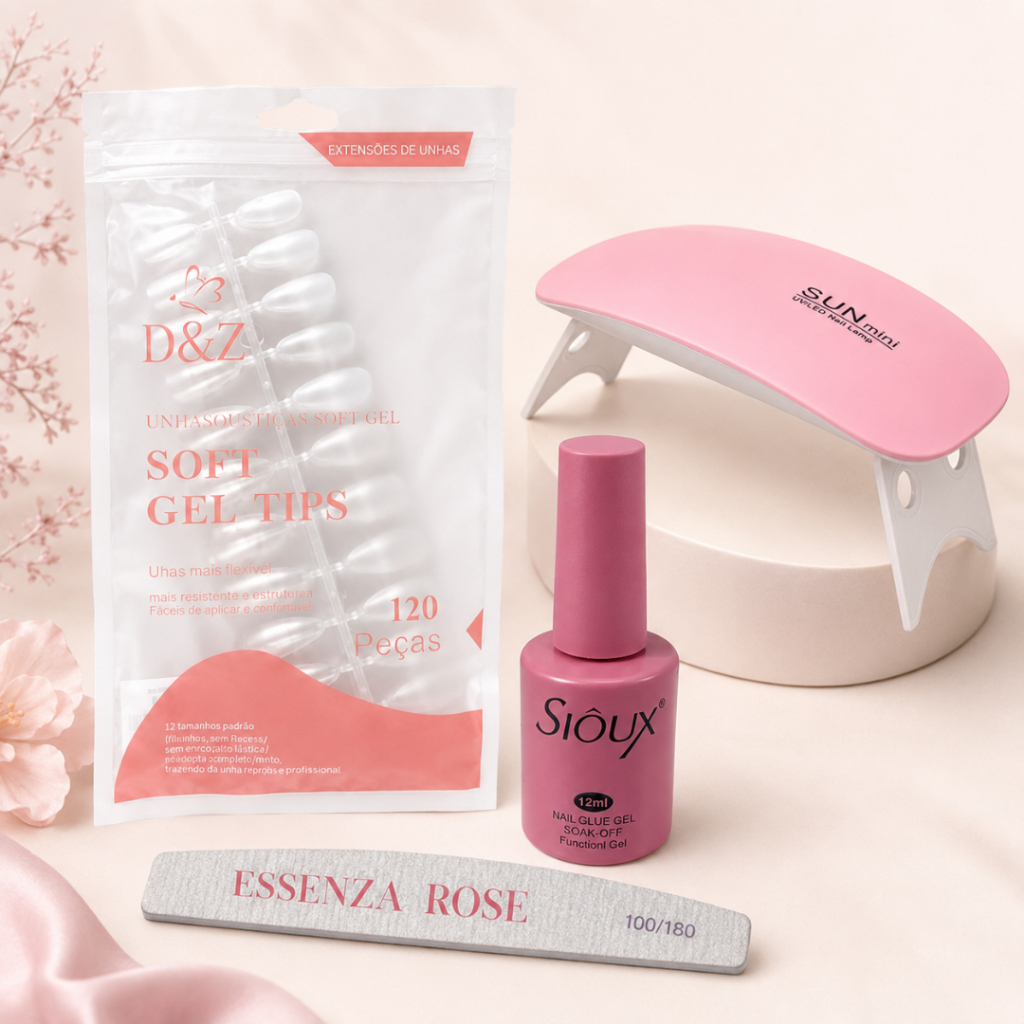 Kit Soft Gel D&Z 120 Unhas Postiças + Cola Sioux + Lixa + Cabine/Lanterna UV