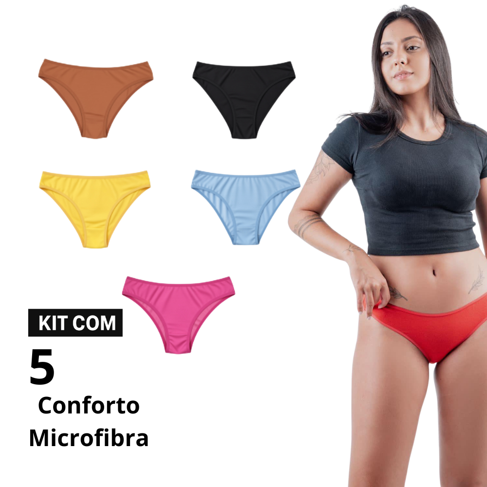 KIT 5 Tanga Calcinha Conforto Microfibra – Cores Lisas | Tamanhos P ao GG
