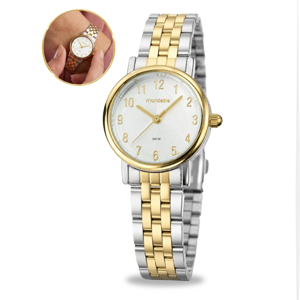 Relógio Mondaine Feminino De Pulso Prata E Dourado Analógico Pequeno Elegante A Prova D'água Em 50 Metros Original