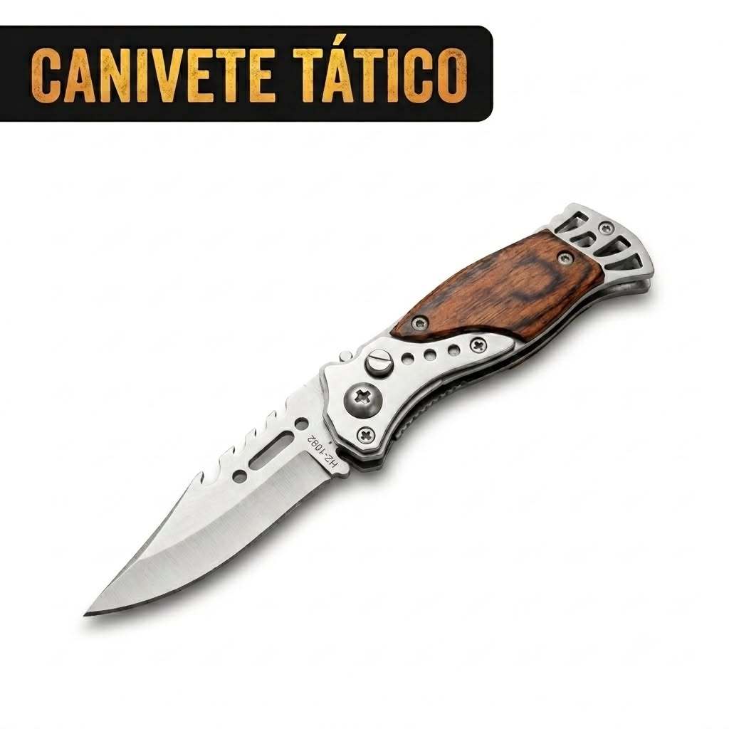 Canivete Lanterna Dobrável Aço Inox Cabo Madeira Automático Pesca Caça Camping Tático bolso Faca
