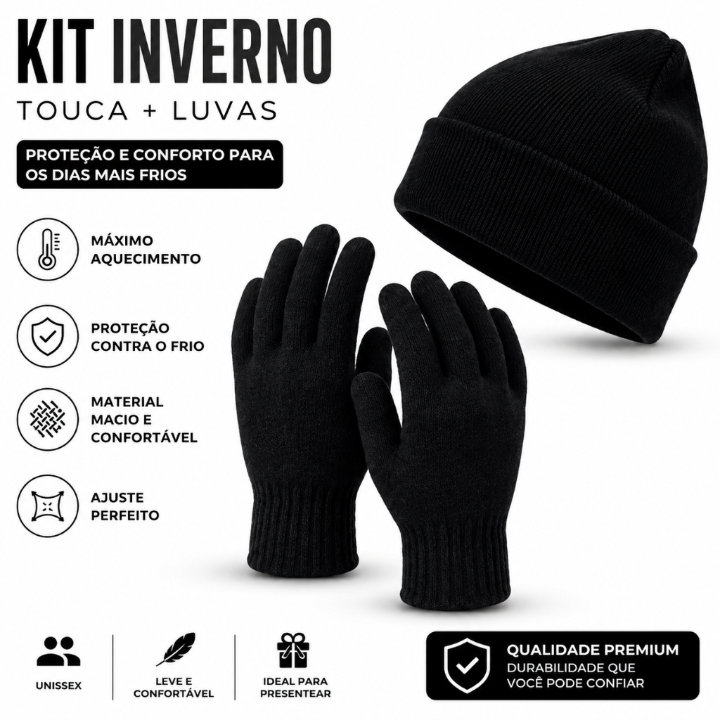 Kit Touca Com Luva De Frio Unissex Feminino Masculino Básica Lã Gorro Liso Preta Toca Adulto Inverno