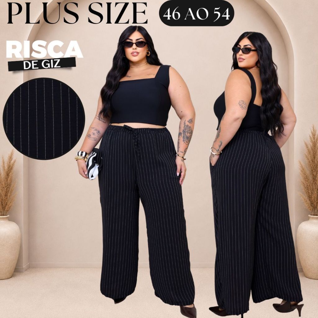 Calça Pantalona Plus Size Risca de Giz Tecido Duna Elegante Confortável Zero Transparência 48 ao 54