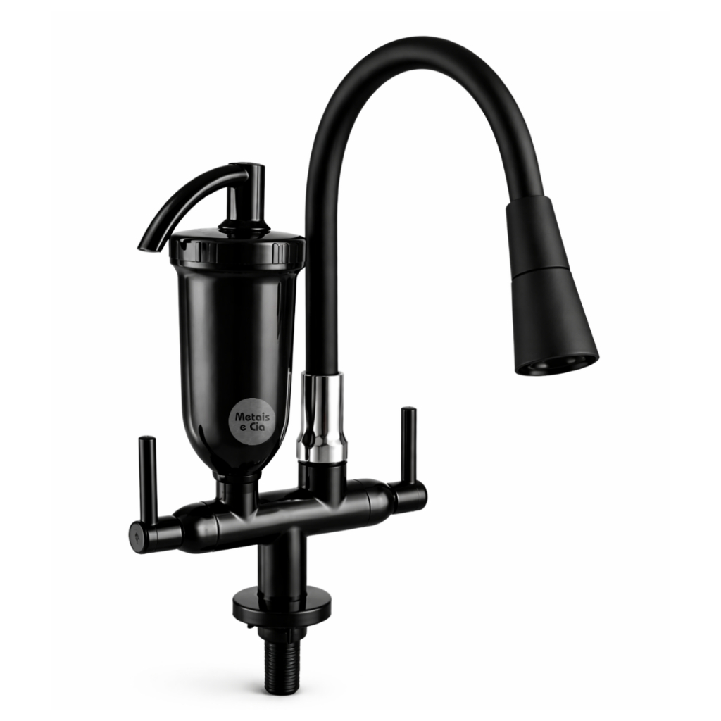 Torneira Filtro De Água Purificador Bancada Silicone Cone Preto Flexível 360 Dois Jato Duplo Luxo