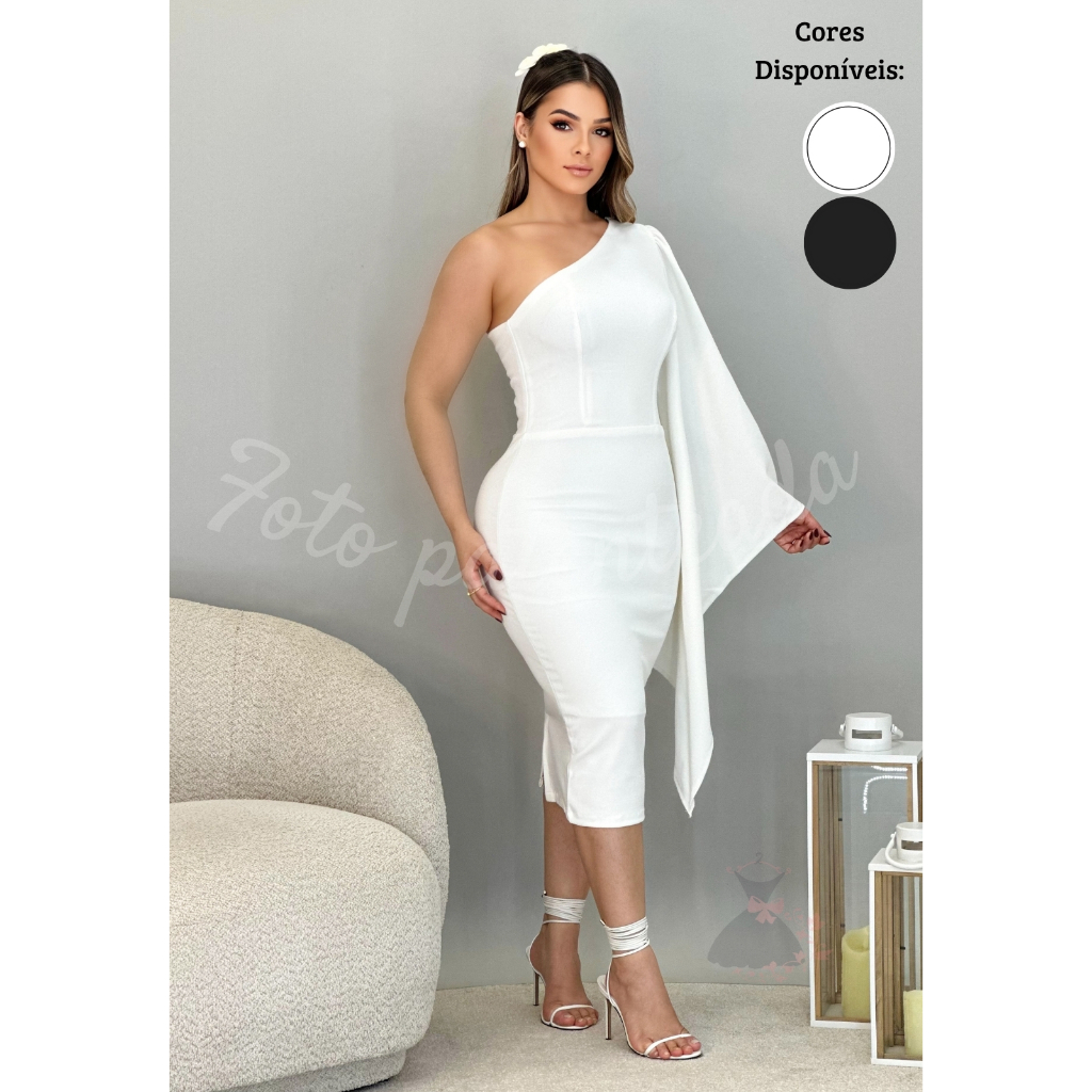Vestido Branco Noiva Civil Mula Manga Midi Slim - Plus Size Colado Casamento/ Batizado/ Gestante