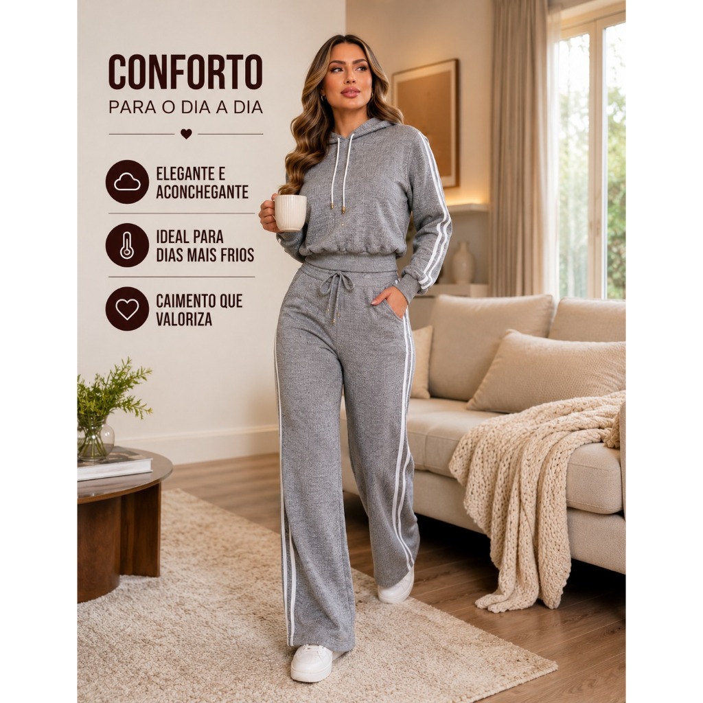 Conjunto Feminino Inverno Malha Riba Com Capuz Confortável Casual