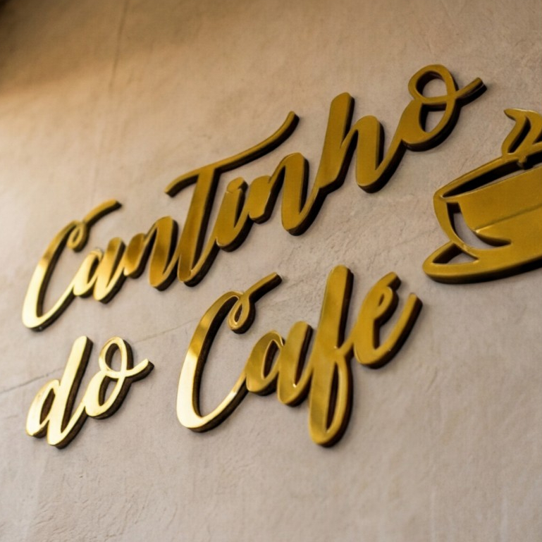 Letreiro Cantinho do Café Acrílico Espelhado Parede Cozinha 41cm Dourado Prata Rose Gold Decoração