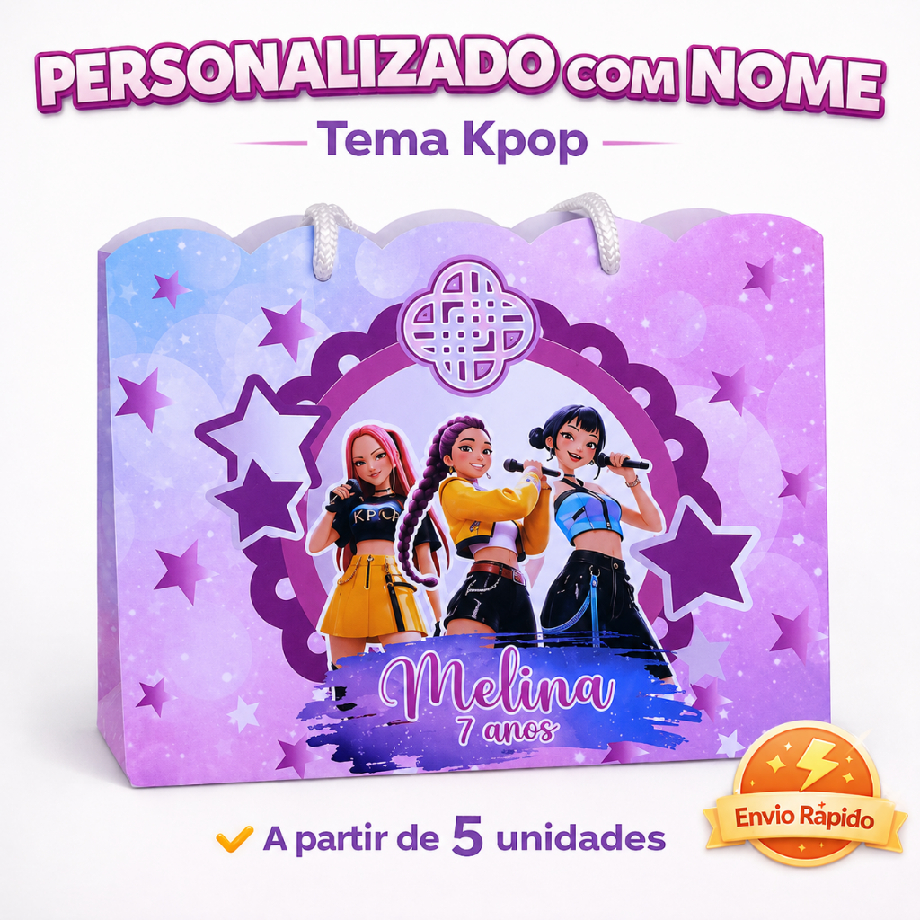 Sacola KPOP Guerreiras com Nome e idade, Sacola Lembrancinha de aniversário, Kit Festa