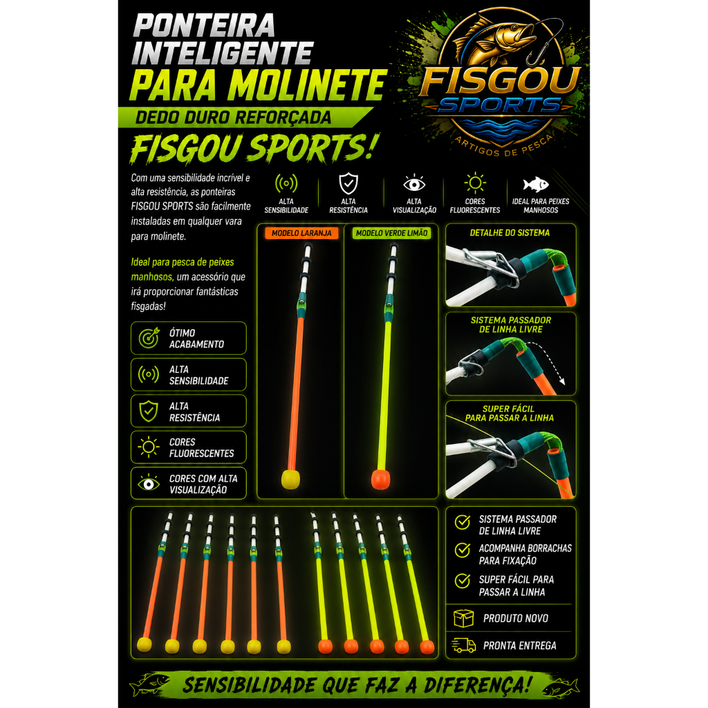 5 Ponteiras Dedo Duro Molinete Fluorescente Pesca Tilápia