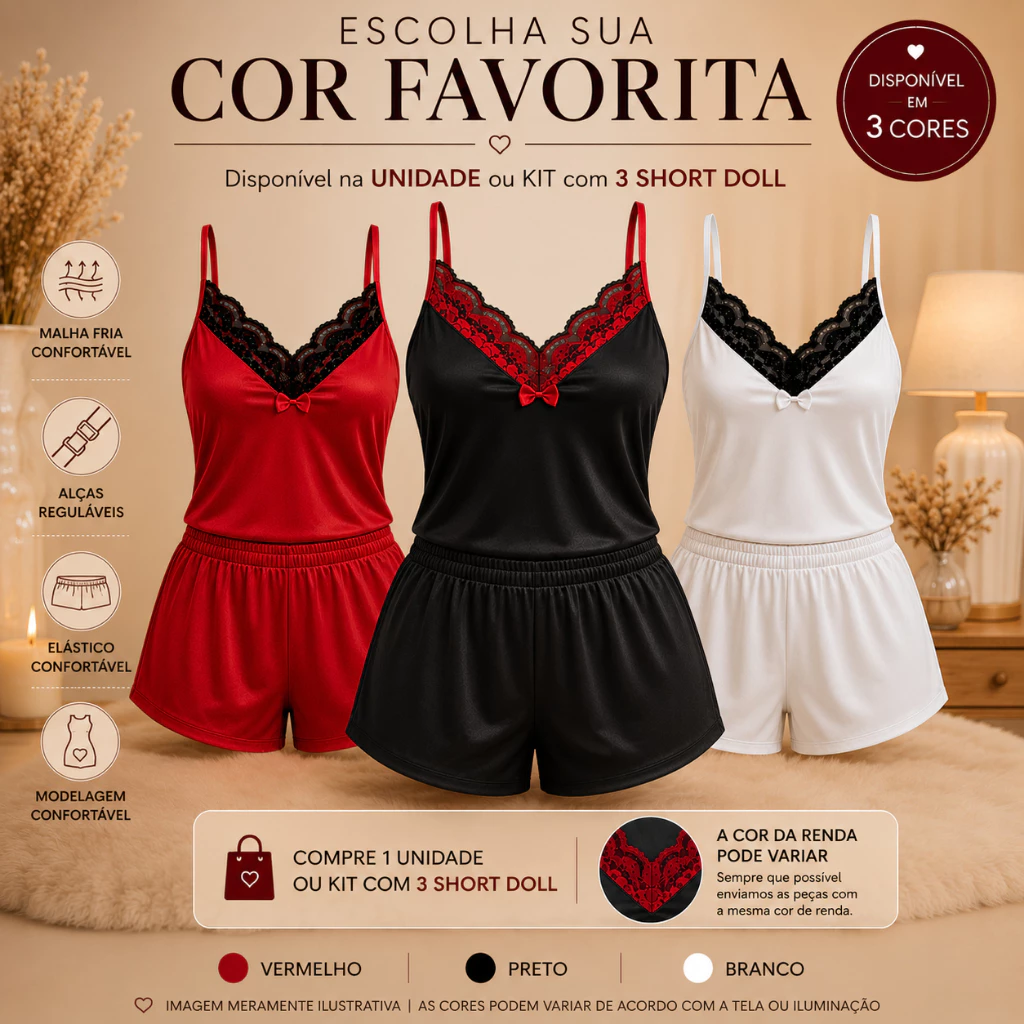 PACK COM 3 OU 1 Short Doll Baby doll liso com detalhes em Renda, Pijama de calor - Conjunto Curto!!! — imagem 1