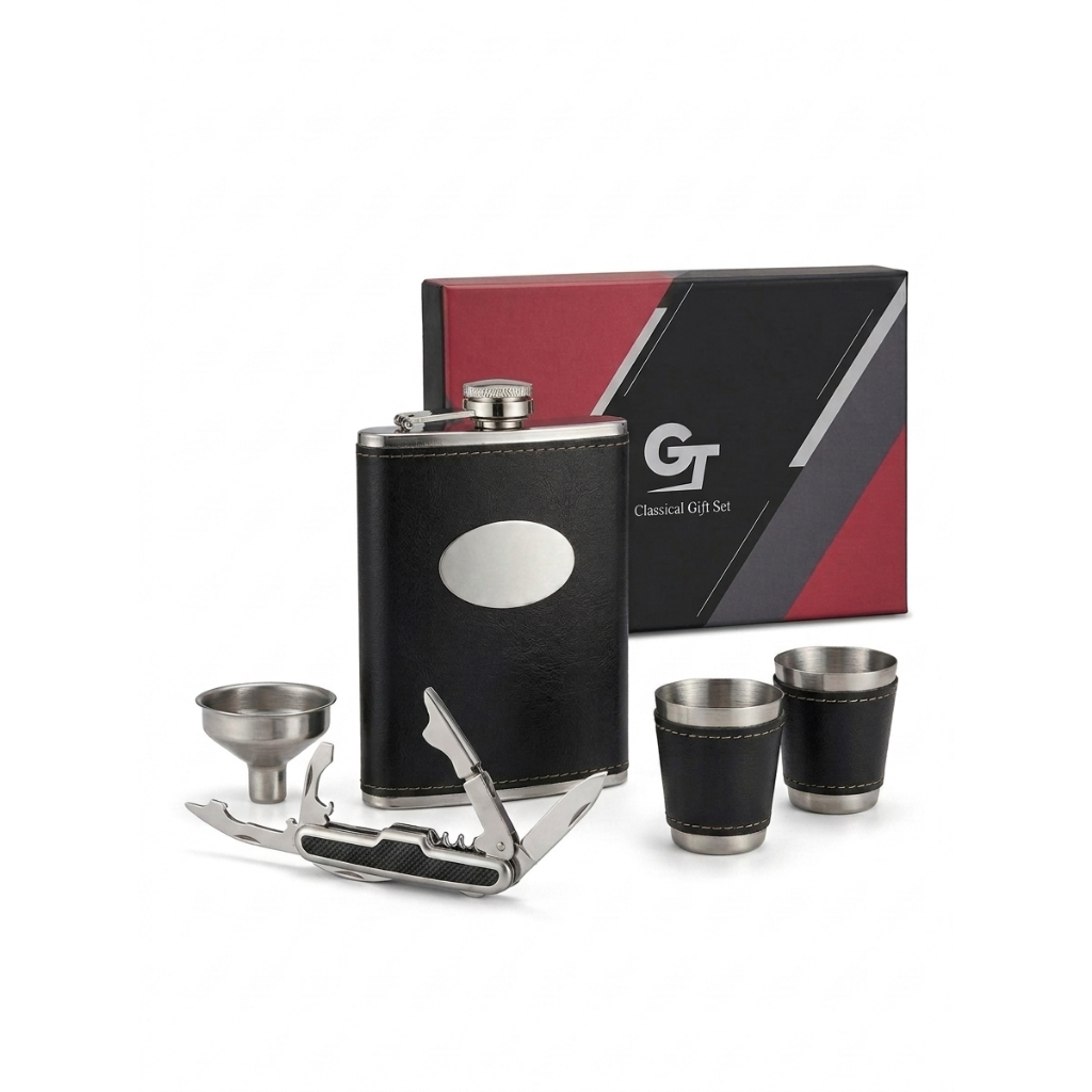 Kit Cantil De Aço Inox Bolso Whisky Com 2 Mini Copos Funil e Canivete Multifunção