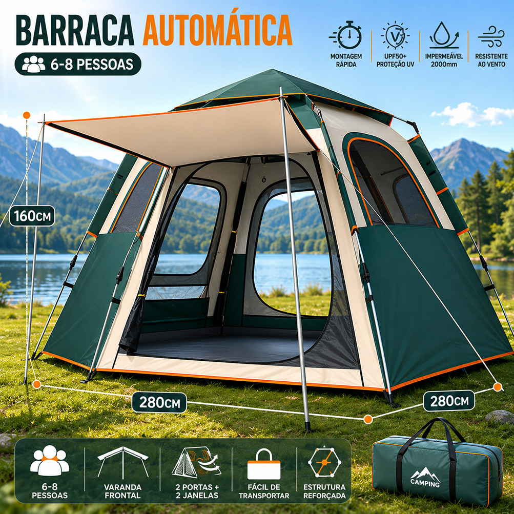 Barraca de Camping 6-8 Pessoas,Barraca Acampamento Automática Grande 280*280*160cm
