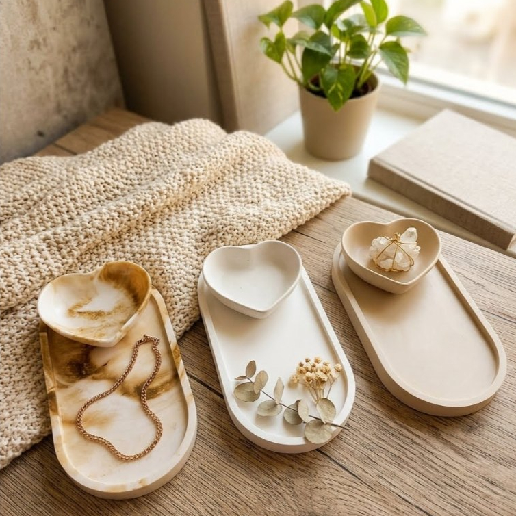 Kit Porta Joias Minimalista Asthetic | Bandeja Decorativa + Porta Anéis Coração