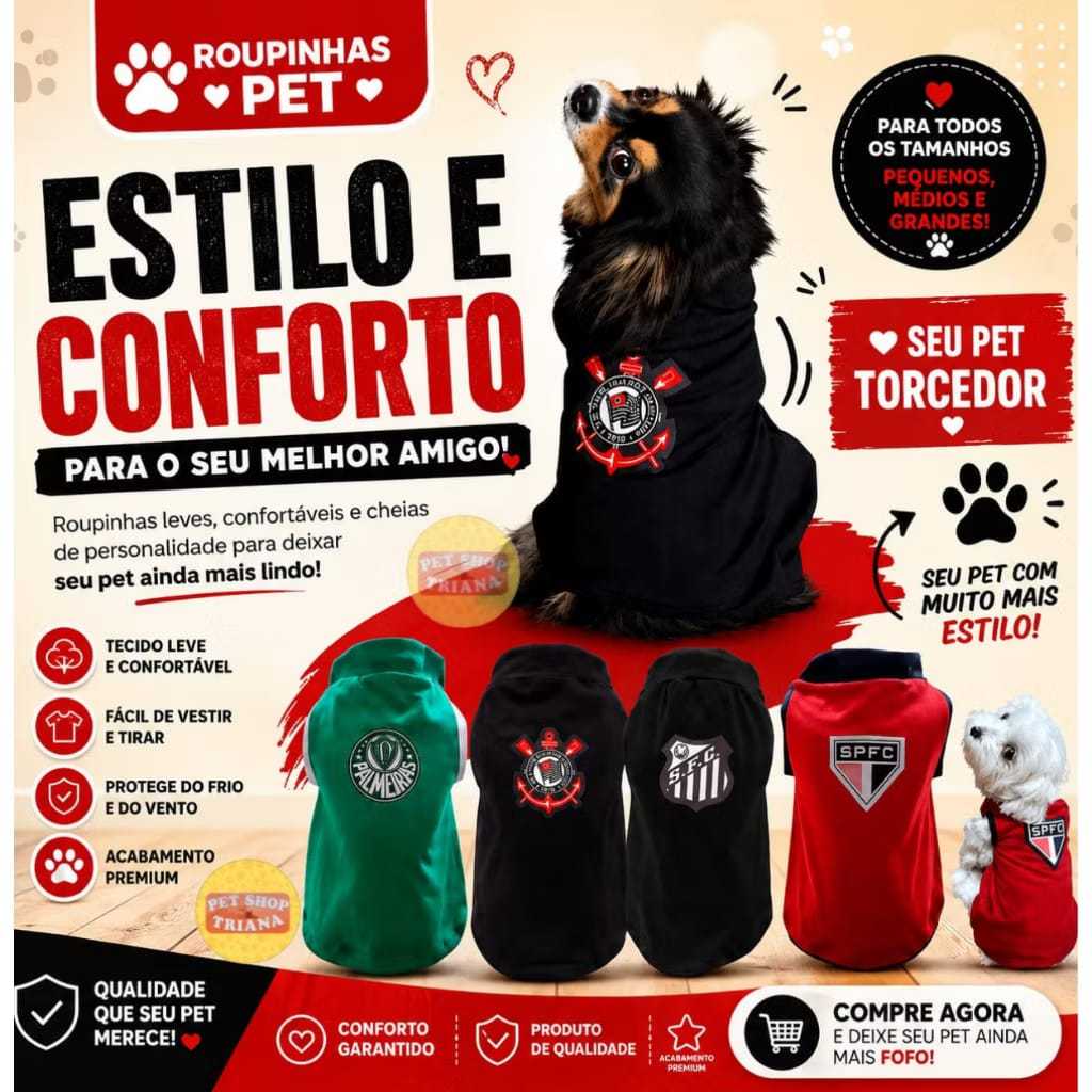 Roupinha Pet de Time de Futebol para Cachorro Cães Gatos Camiseta Pet Time Cães e Gatos