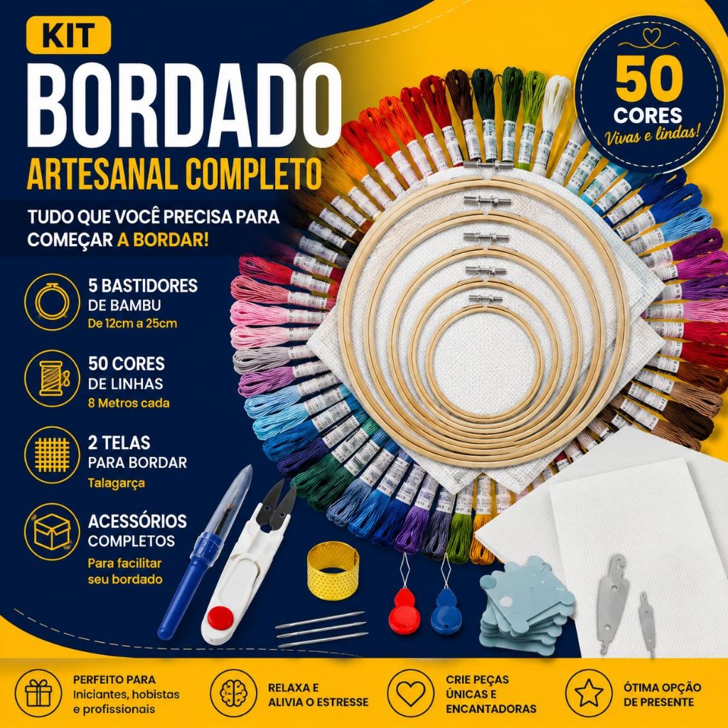 Kit Bordado Artesanal Completo – Com Bastidores, Dedal, Linhas e Agulhas - BARUCH