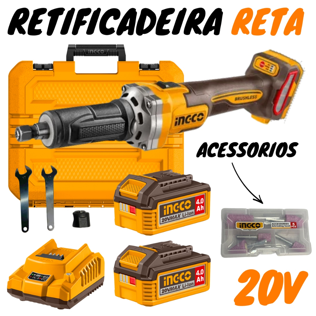 Retifica Reta 20v Brushless 2x Baterias 4.0ah (CDLI20012-9) - Ingco