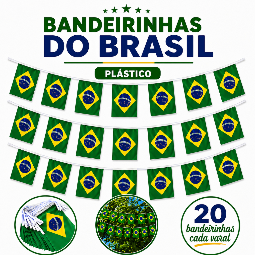Bandeirinhas do Brasil Decoração Copa do Mundo 2026 Varal de Bandeiras Plástico