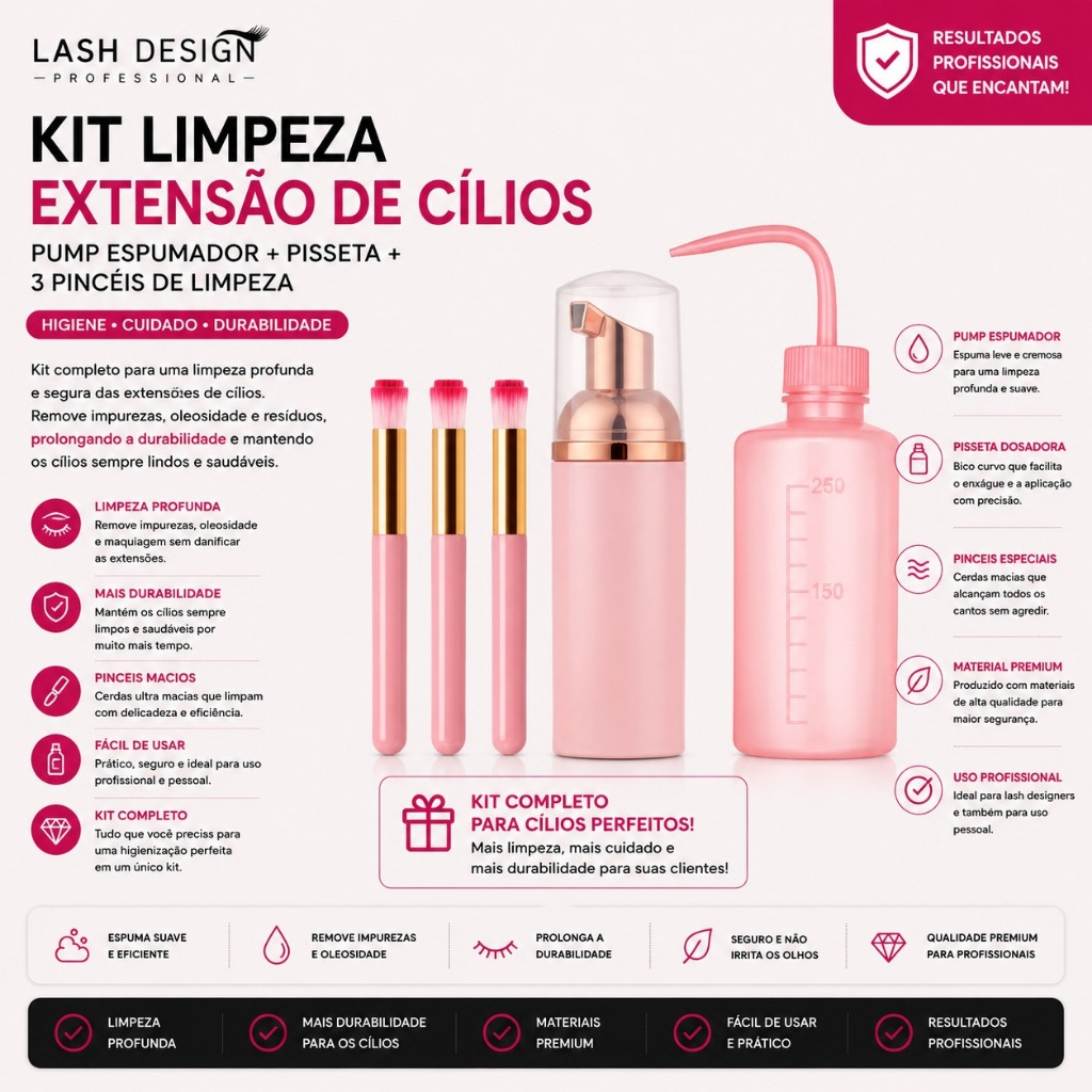 Kit Limpeza Extensão de Cílios Pump Espumador Pisseta e Pincel de Limpeza