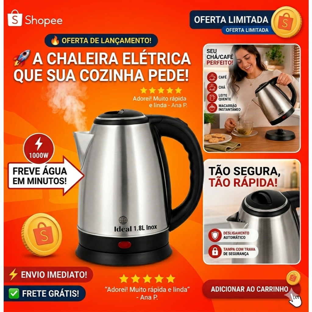Chaleira Elétrica Inox 1,8L 1000W 127V Desligamento Automático Base 360°Aquecimento Rápido Segurança