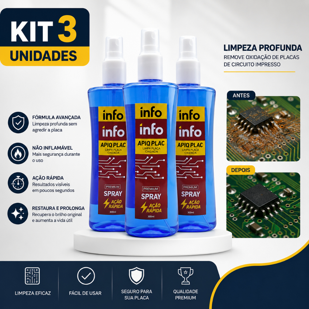 Kit 3 Info Plac 300ml Removedor Oxidação Placa Eletrônica PCI Componentes e Contatos Metálicos