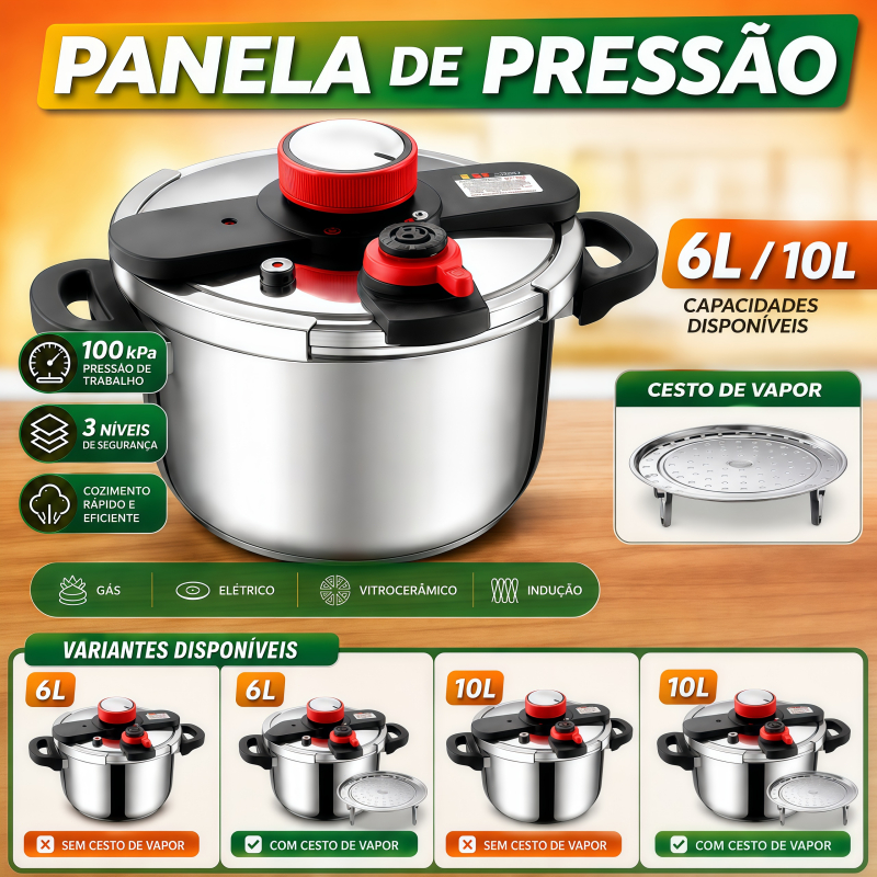 Imagem 304Panela de Pressao Inox 6L/10L 100kPa com Cesto de Vapor