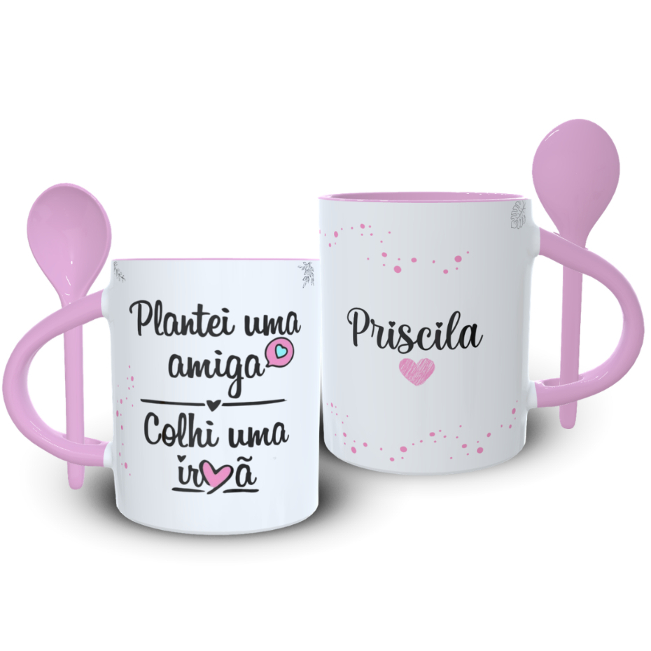 Caneca Com Colher Presente Amiga Irmã Frase Especial Personalizado Plantei uma Amiga, Colhi uma Irmã Porcelana