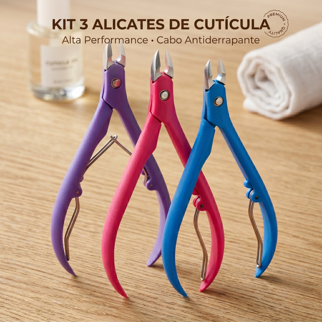 Kit 3 Alicates de Unha Manicure Pedicure Cabo Antiderrapante