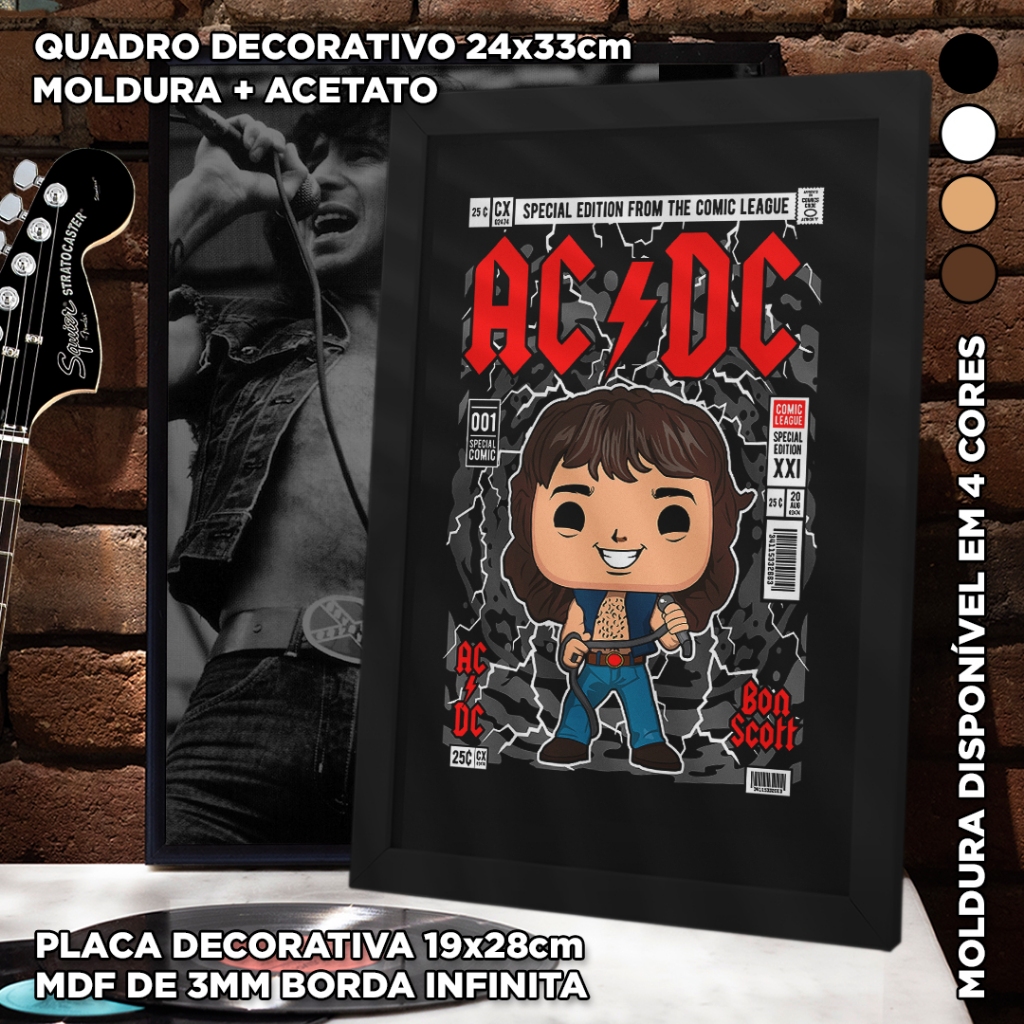 Placa ou Quadro Decorativo Comic Funko Rock AC/DC Bon Scott Moldura e Acetato 24x33cm Decoração