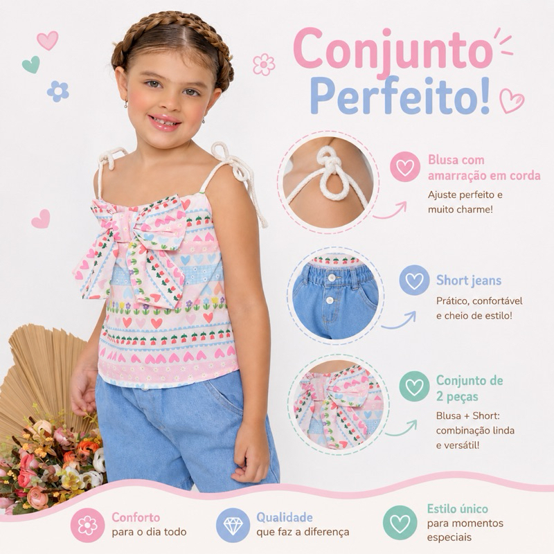 Conjunto Infantil Menina 2 Peças Blusa e Short Jeans Color Estilo Blogueirinha Premium Confort Baby.