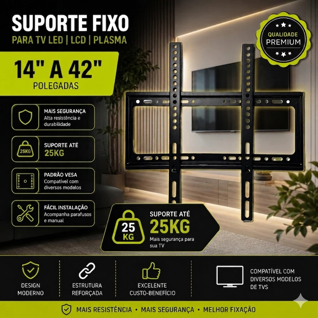 Suporte TV 14 a 42 Polegadas Fixo Parede Universal LED LCD Smart TV VESA 200x200 Até 25kg