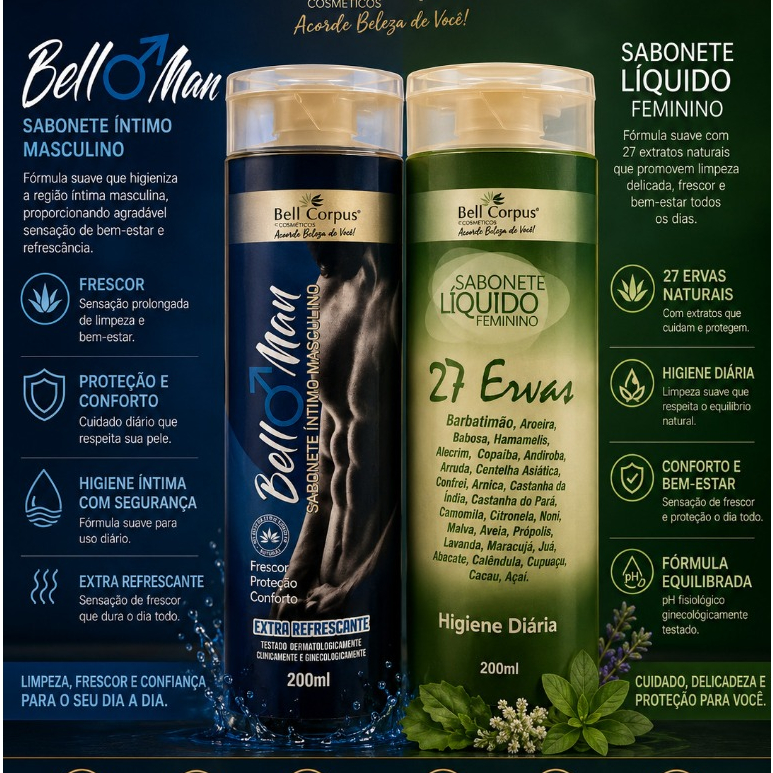Kit Sabonete Íntimo Masculino Bell Man + Sabonete Líquido Feminino 27 Ervas Bell Corpus 200ml