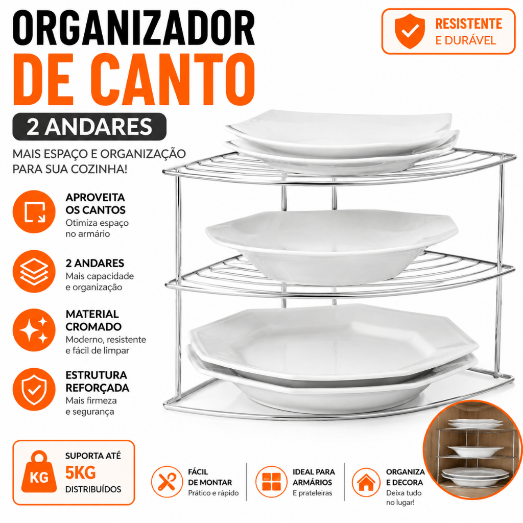 Organizador Prateleira Canto Para Pratos Cromado 2 Andares Organizadores Suporte de Armário Cozinha