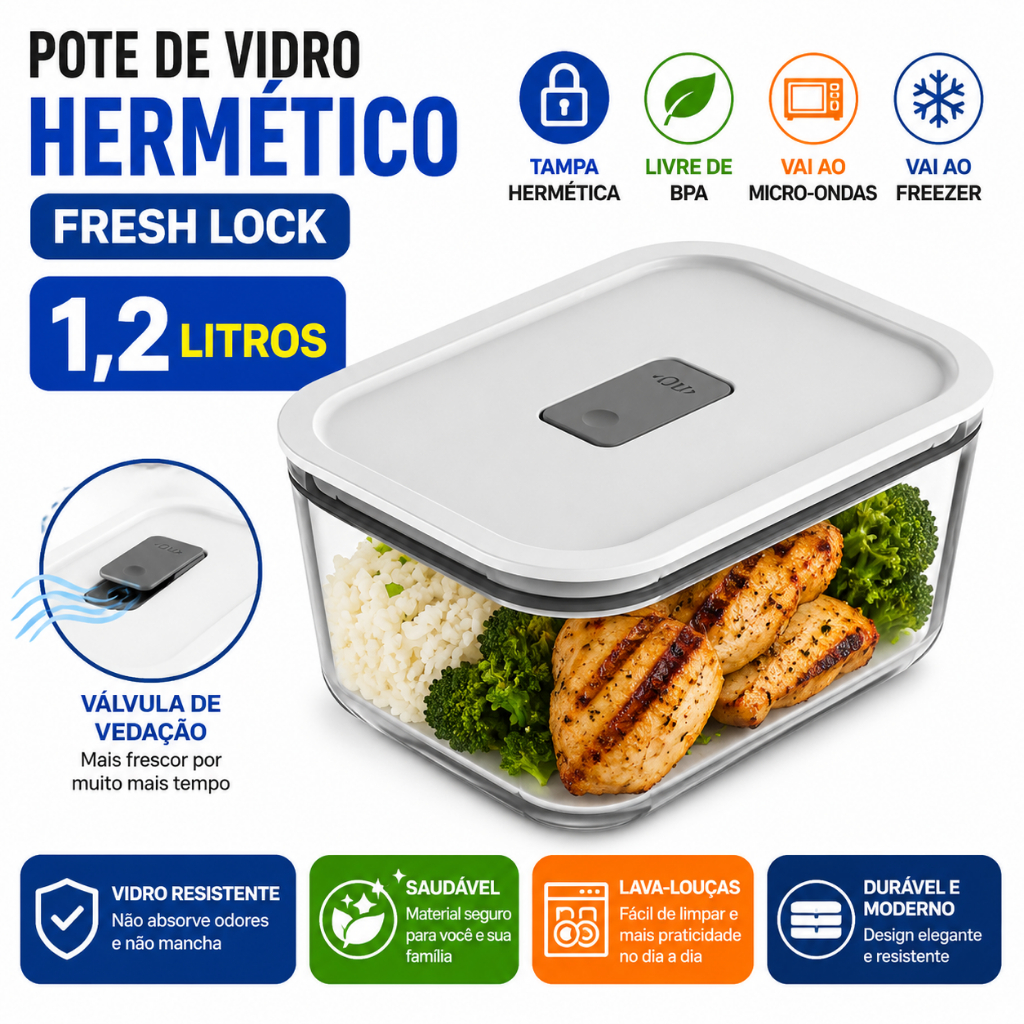 Pote De Vidro Hermético Fresh Lock Com Tampa 1,2 Litros Casa Marmita Vasilha Tijela Moderno - Ou